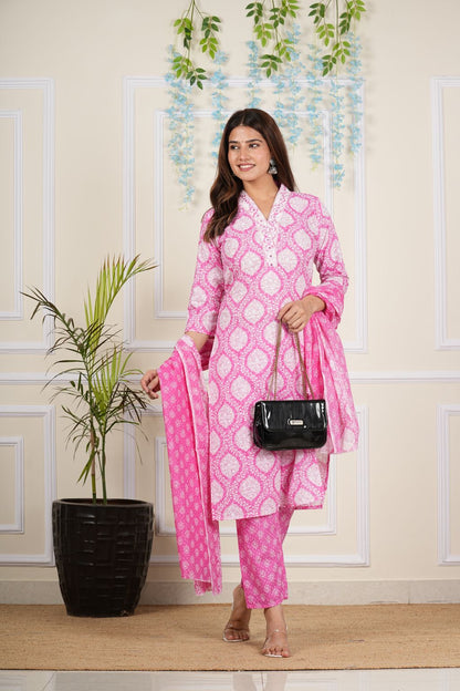 Yash Gallery Women's Cotton Cambric Knee length V-Neck Floral Printed Regular Fitted 3/4th Sleeve Straight Pink Kurta With Printed Pant & Dupatta