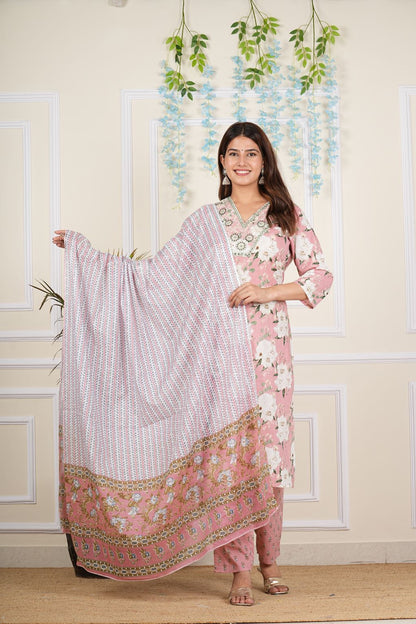 Yash Gallery Women's Cotton Cambric Knee length V-Neck Floral Printed Regular Fitted Mirror Work 3/4th Sleeve Straight Kurta With Printed Pant & Dupatta