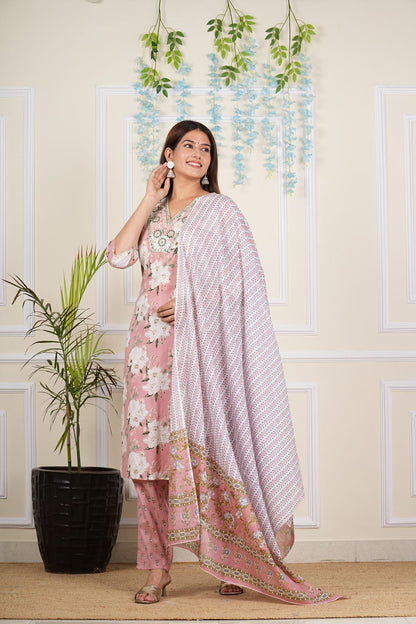 Yash Gallery Women's Cotton Cambric Knee length V-Neck Floral Printed Regular Fitted Mirror Work 3/4th Sleeve Straight Kurta With Printed Pant & Dupatta