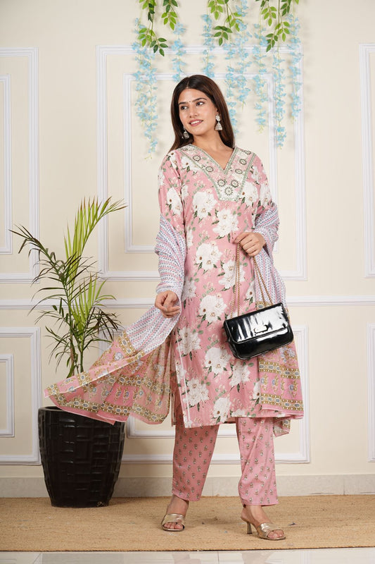 Yash Gallery Women's Cotton Cambric Knee length V-Neck Floral Printed Regular Fitted Mirror Work 3/4th Sleeve Straight Kurta With Printed Pant & Dupatta