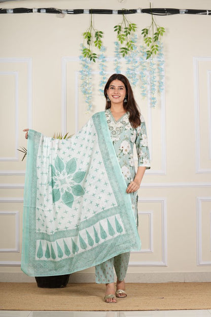 Yash Gallery Women's Cotton Cambric Knee length V-Neck Floral Printed Regular Fitted Mirror Work 3/4th Sleeve Straight Kurta With Printed Pant & Dupatta