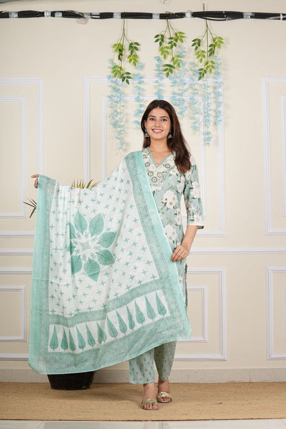 Yash Gallery Women's Cotton Cambric Knee length V-Neck Floral Printed Regular Fitted Mirror Work 3/4th Sleeve Straight Kurta With Printed Pant & Dupatta