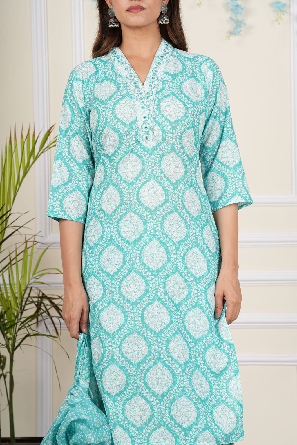 yash gallery womens cotton cambric knee length v neck floral printed regular fitted embroidered 3 4th sleeve straight kurta with printed pant dupatta