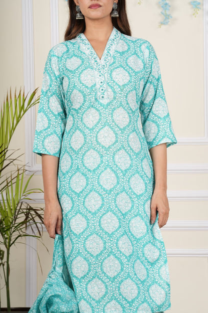 yash gallery womens cotton cambric knee length v neck floral printed regular fitted embroidered 3 4th sleeve straight kurta with printed pant dupatta