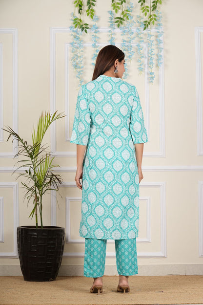 yash gallery womens cotton cambric knee length v neck floral printed regular fitted embroidered 3 4th sleeve straight kurta with printed pant dupatta