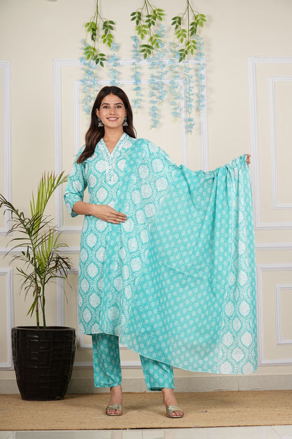 yash gallery womens cotton cambric knee length v neck floral printed regular fitted embroidered 3 4th sleeve straight kurta with printed pant dupatta