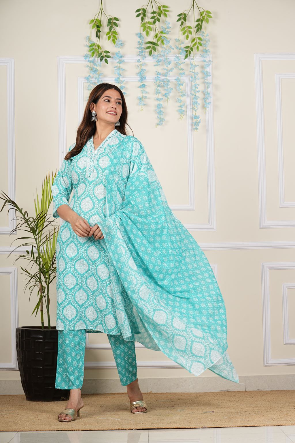 yash gallery womens cotton cambric knee length v neck floral printed regular fitted embroidered 3 4th sleeve straight kurta with printed pant dupatta