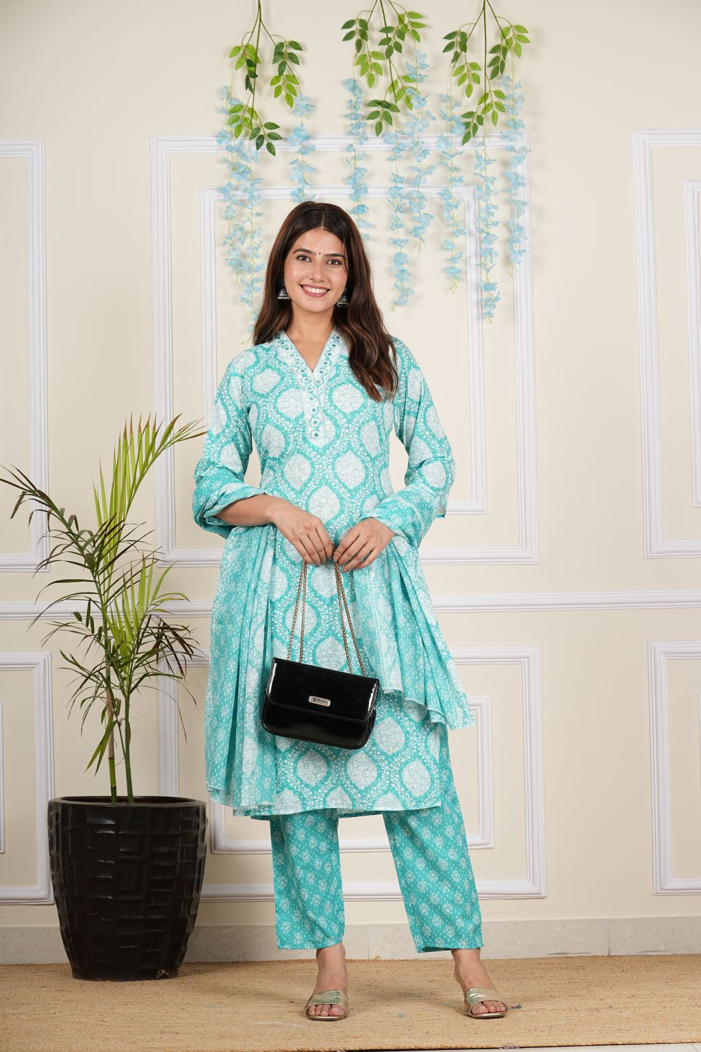 yash gallery womens cotton cambric knee length v neck floral printed regular fitted embroidered 3 4th sleeve straight kurta with printed pant dupatta