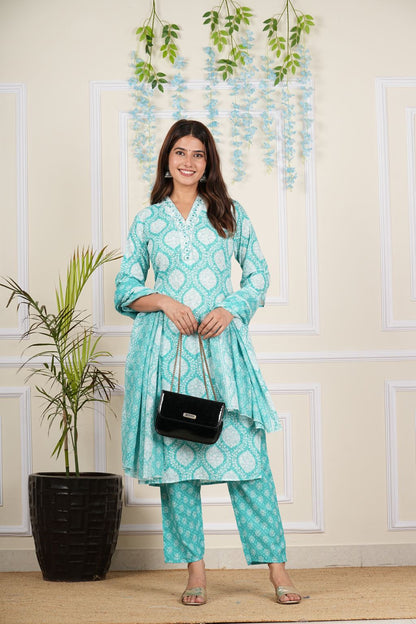 yash gallery womens cotton cambric knee length v neck floral printed regular fitted embroidered 3 4th sleeve straight kurta with printed pant dupatta