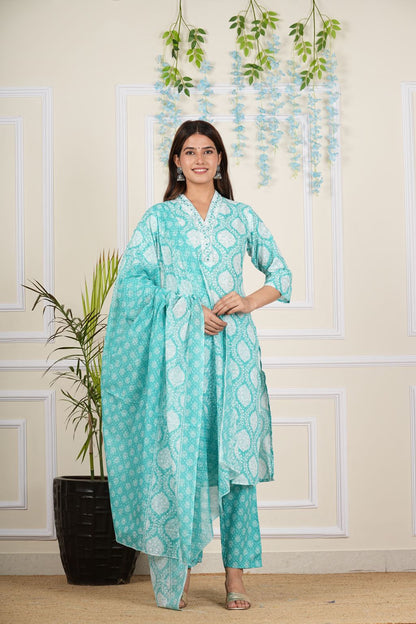 yash gallery womens cotton cambric knee length v neck floral printed regular fitted embroidered 3 4th sleeve straight kurta with printed pant dupatta