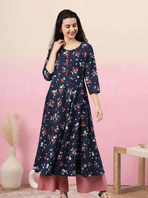 Yash Gallery Women's Cotton Floral Print Anarkali Kurta Plus Size (Blue)