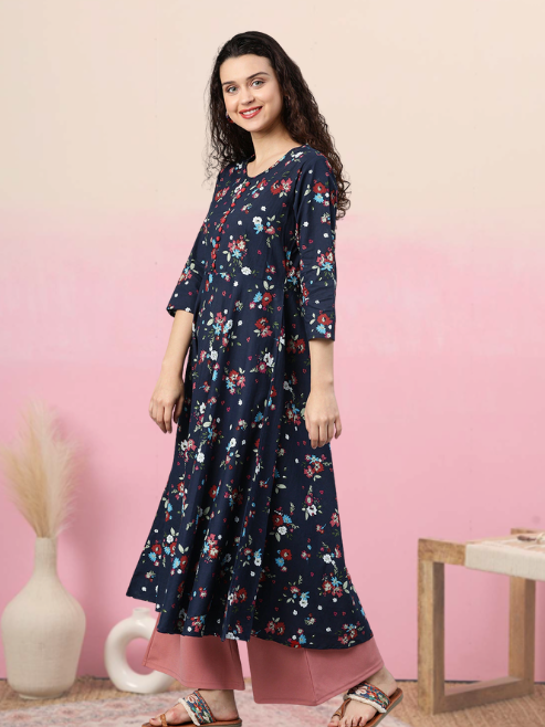 festive party floral print women kurti blue