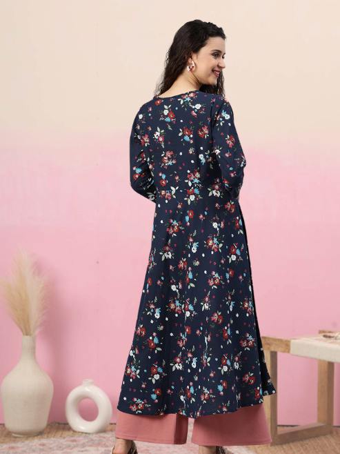 festive party floral print women kurti blue
