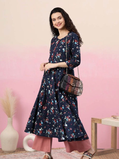 festive party floral print women kurti blue