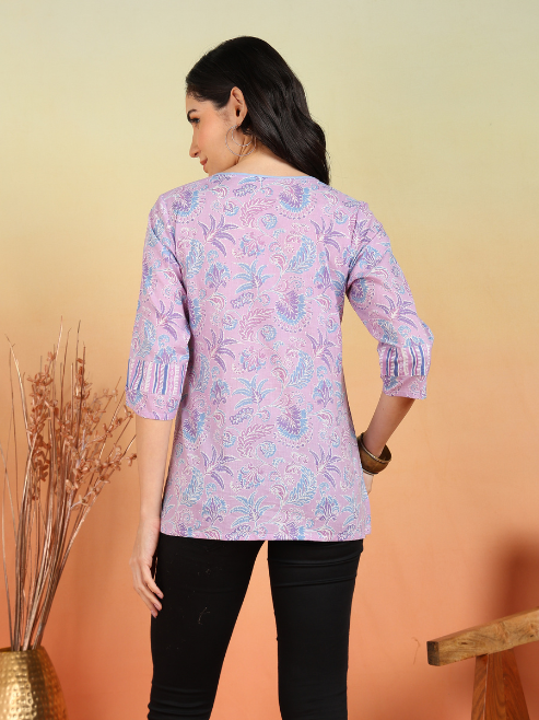 Yash Gallery Women's Cotton Floral Print Waist Lengtth V neck 3/4 Sleeves Regular Fitted Top
