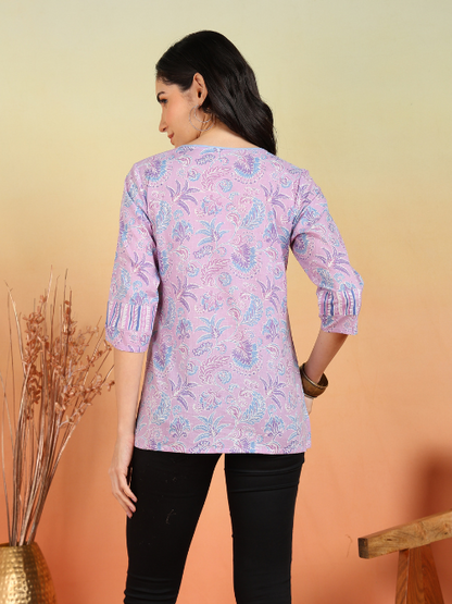 Yash Gallery Women's Cotton Floral Print Waist Lengtth V neck 3/4 Sleeves Regular Fitted Top