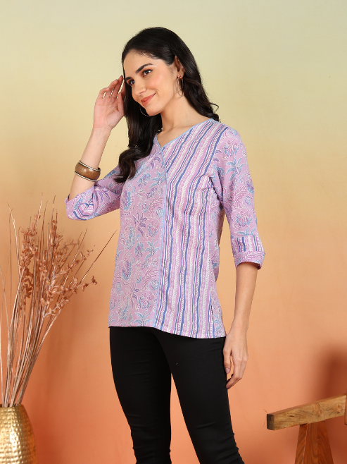 Yash Gallery Women's Cotton Floral Print Waist Lengtth V neck 3/4 Sleeves Regular Fitted Top
