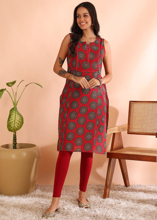 Yash Gallery Women'sCambric Cotton Knee Length Traditional Printed Sleeveless Notch Neck Regular Fitted Short Kurti