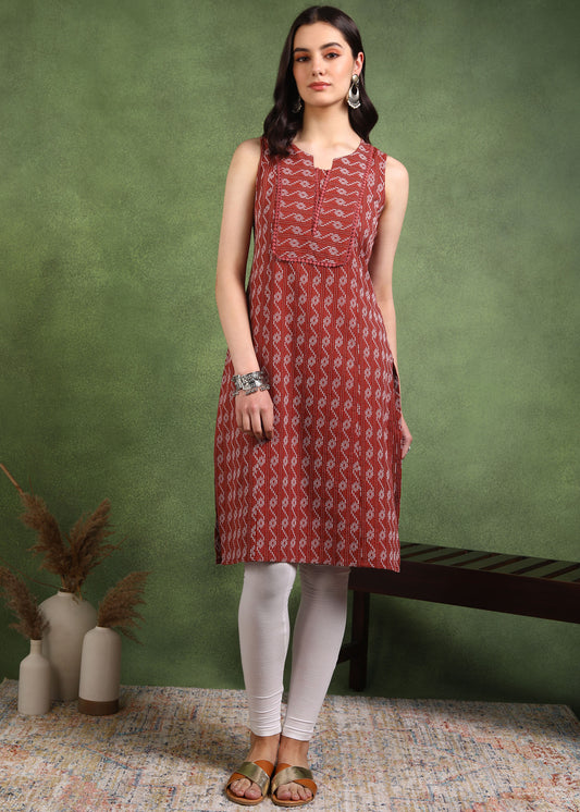 Yash Gallery Women's Cotton Crambric Knee Length Geometrical Print Sleeveless Notch Neck Regular Fitted Short Kurti