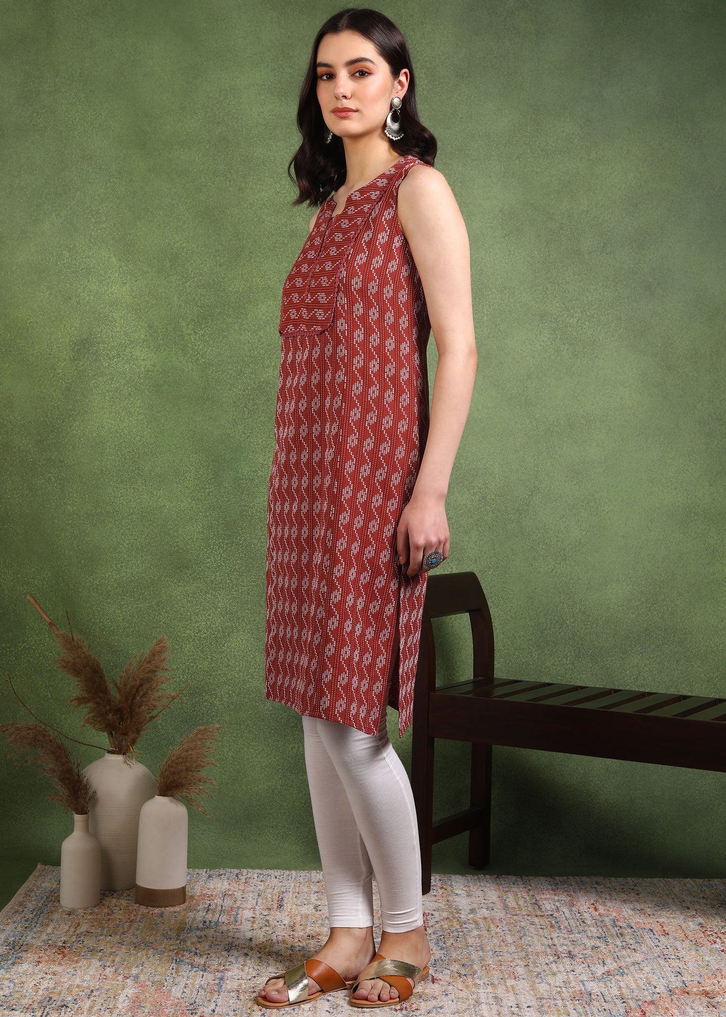 Yash Gallery Women's Cotton Crambric Knee Length Geometrical Print Sleeveless Notch Neck Regular Fitted Short Kurti