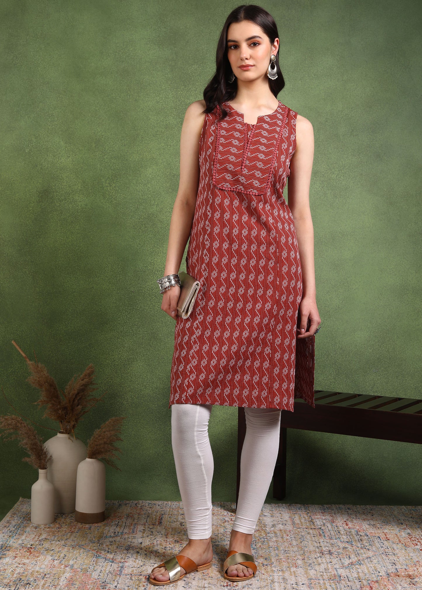 Yash Gallery Women's Cotton Crambric Knee Length Geometrical Print Sleeveless Notch Neck Regular Fitted Short Kurti