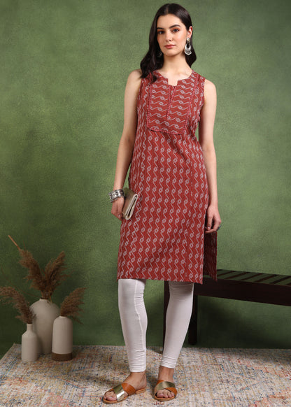 Yash Gallery Women's Cotton Crambric Knee Length Geometrical Print Sleeveless Notch Neck Regular Fitted Short Kurti