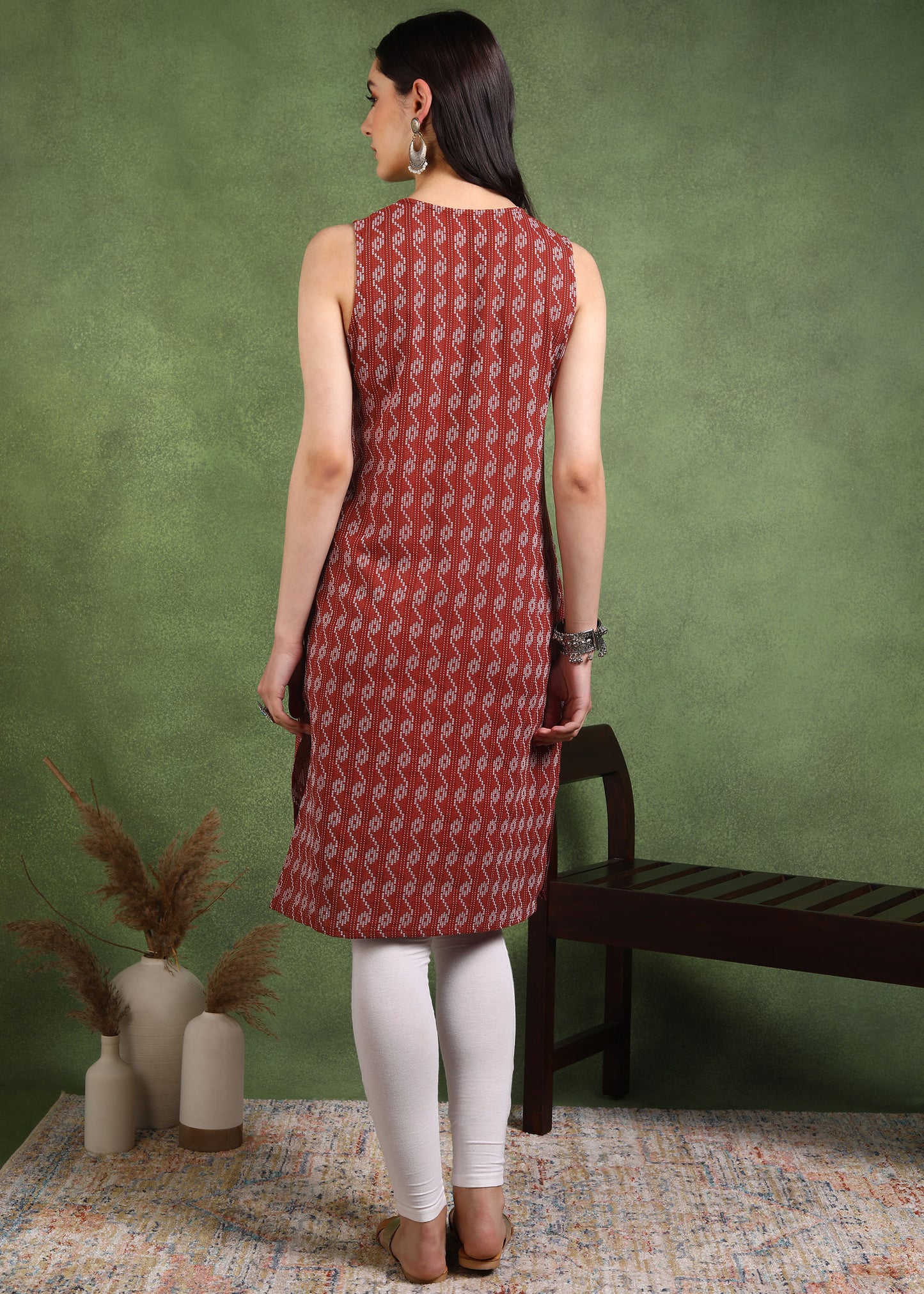 Yash Gallery Women's Cotton Crambric Knee Length Geometrical Print Sleeveless Notch Neck Regular Fitted Short Kurti