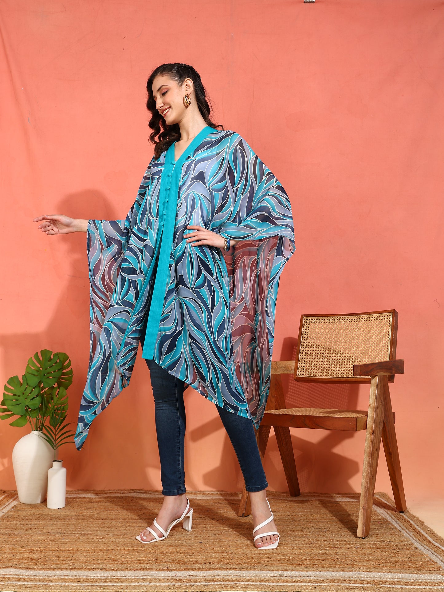 Yash Gallery Women's Sky Blue Georgette Poncho V-neck (SkyBlue)