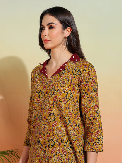 Yash Gallery Women's Cotton Ajrakh Print Waist Length Collared Neck 3/4th Sleeve Top