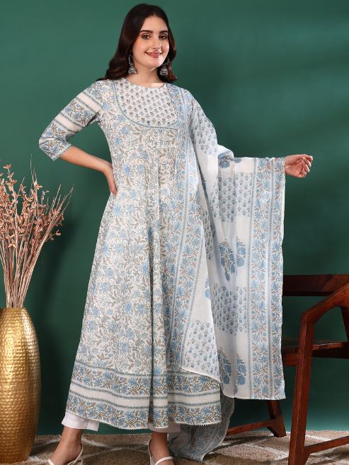 yash gallery womens cotton floral print 3 4th sleeve round neck regular fitted sequence work white a line kurta with dupatta
