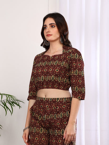 Cambric Cotton Printed Crop Top with Flared Pants Co-ord Set (Maroon)