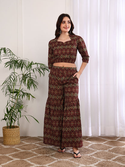 Yash Gallery Women’s Cambric Cotton Printed Crop Top with Flared Pants Co-ord Set (Maroon)