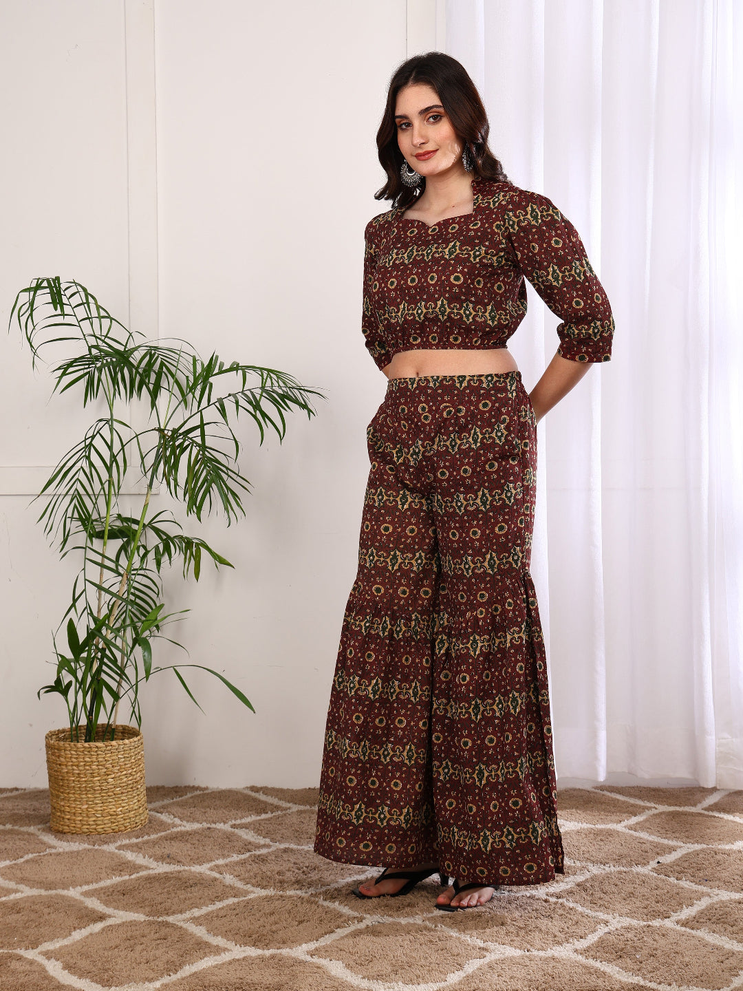 Cambric Cotton Printed Crop Top with Flared Pants Co-ord Set (Maroon)