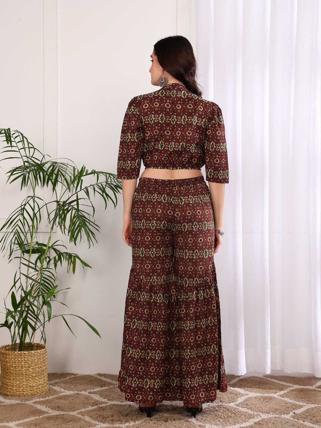 Cambric Cotton Printed Crop Top with Flared Pants Co-ord Set (Maroon)