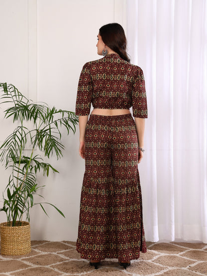 Cambric Cotton Printed Crop Top with Flared Pants Co-ord Set (Maroon)