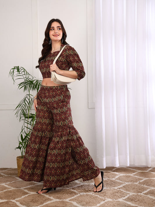 Yash Gallery Women’s Cambric Cotton Printed Crop Top with Flared Pants Co-ord Set (Maroon)