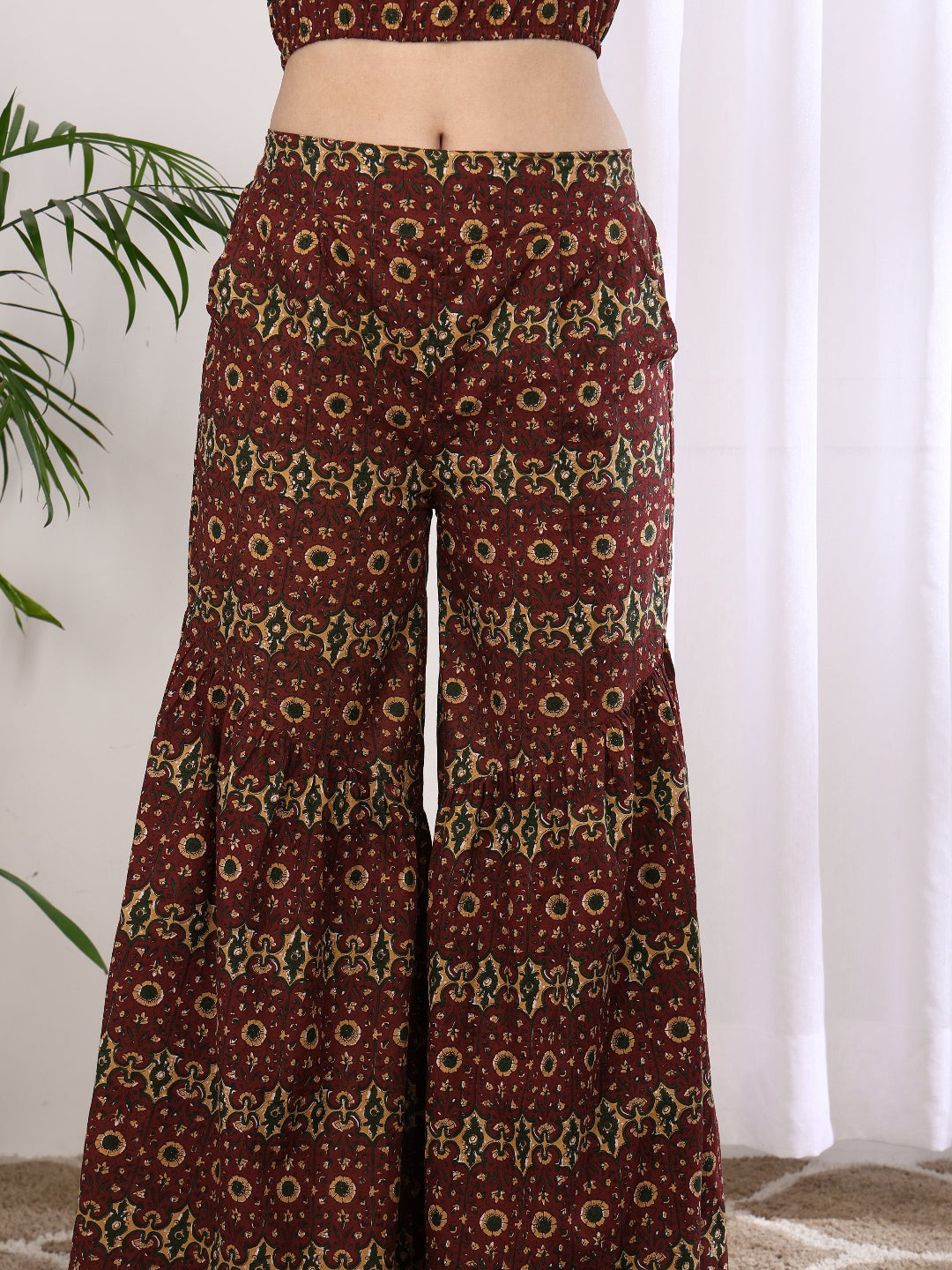 Yash Gallery Women’s Cambric Cotton Printed Crop Top with Flared Pants Co-ord Set (Maroon)