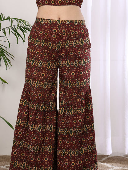 Yash Gallery Women’s Cambric Cotton Printed Crop Top with Flared Pants Co-ord Set (Maroon)