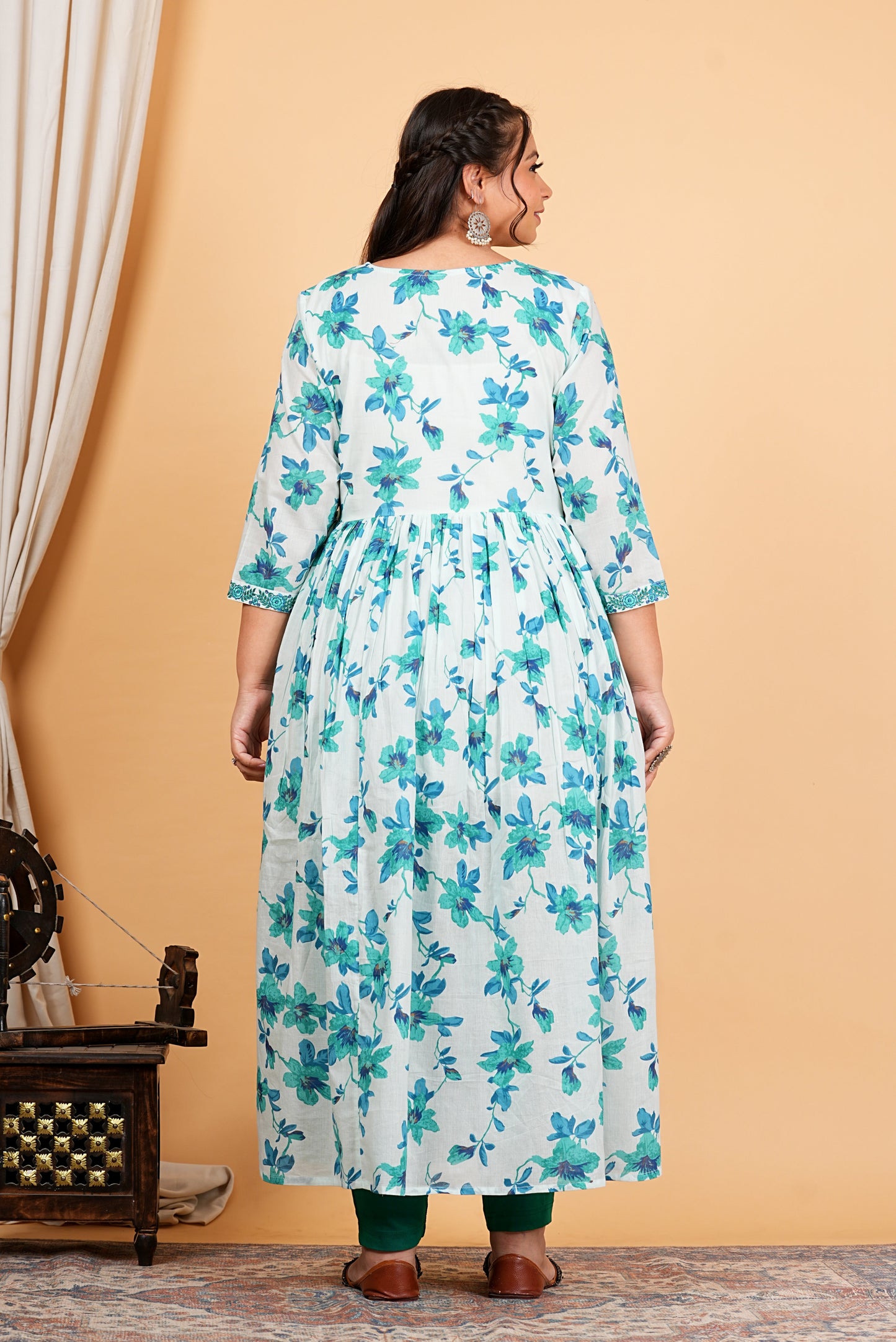 Yash Gallery Women's Cotton Floral Printed 3/4th Sleeve V-neck Embroidered Work Anarkali Kurta With Dupatta
