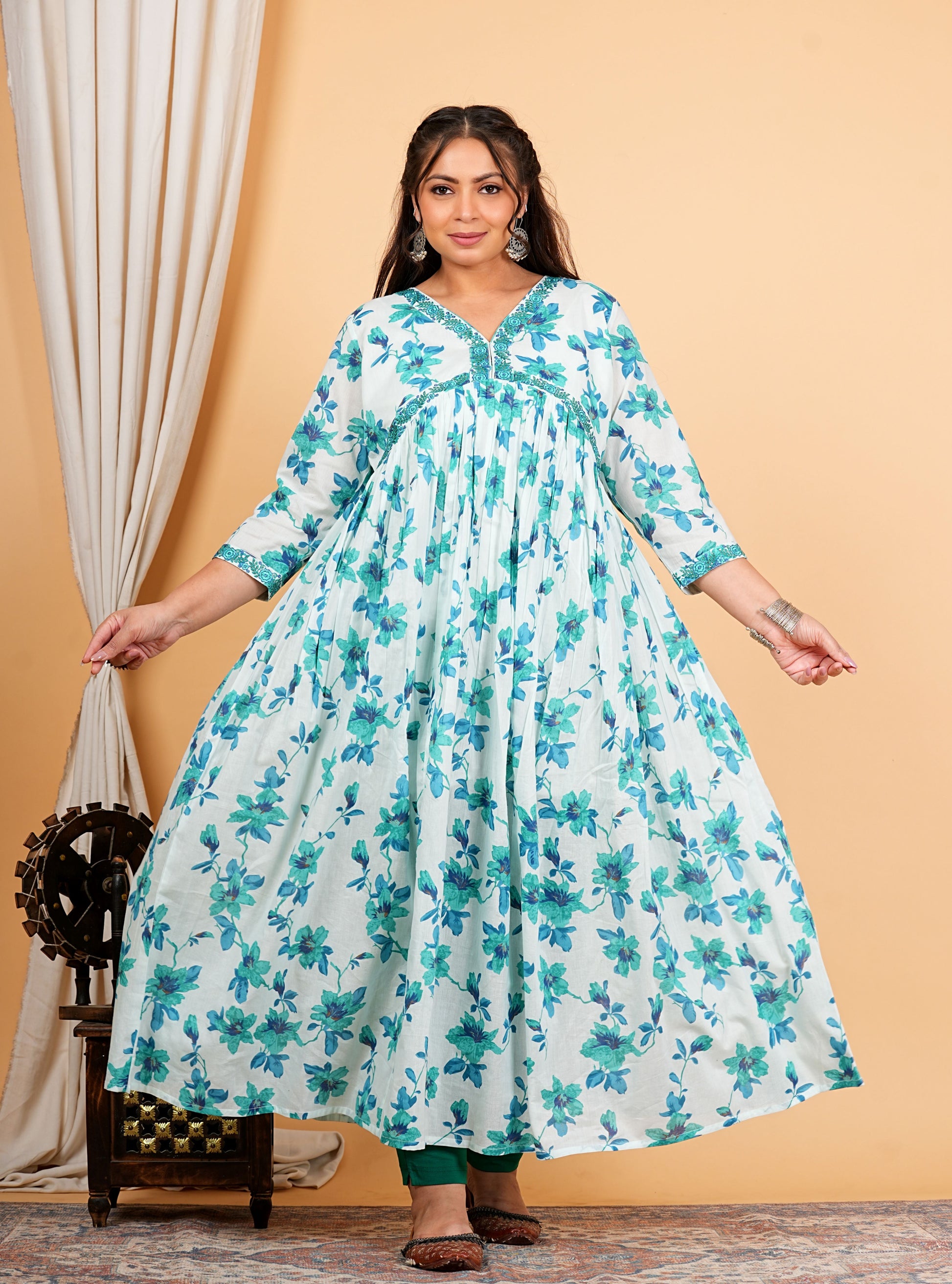 Yash Gallery Women's Cotton Floral Printed 3/4th Sleeve V-neck Embroidered Work Anarkali Kurta With Dupatta