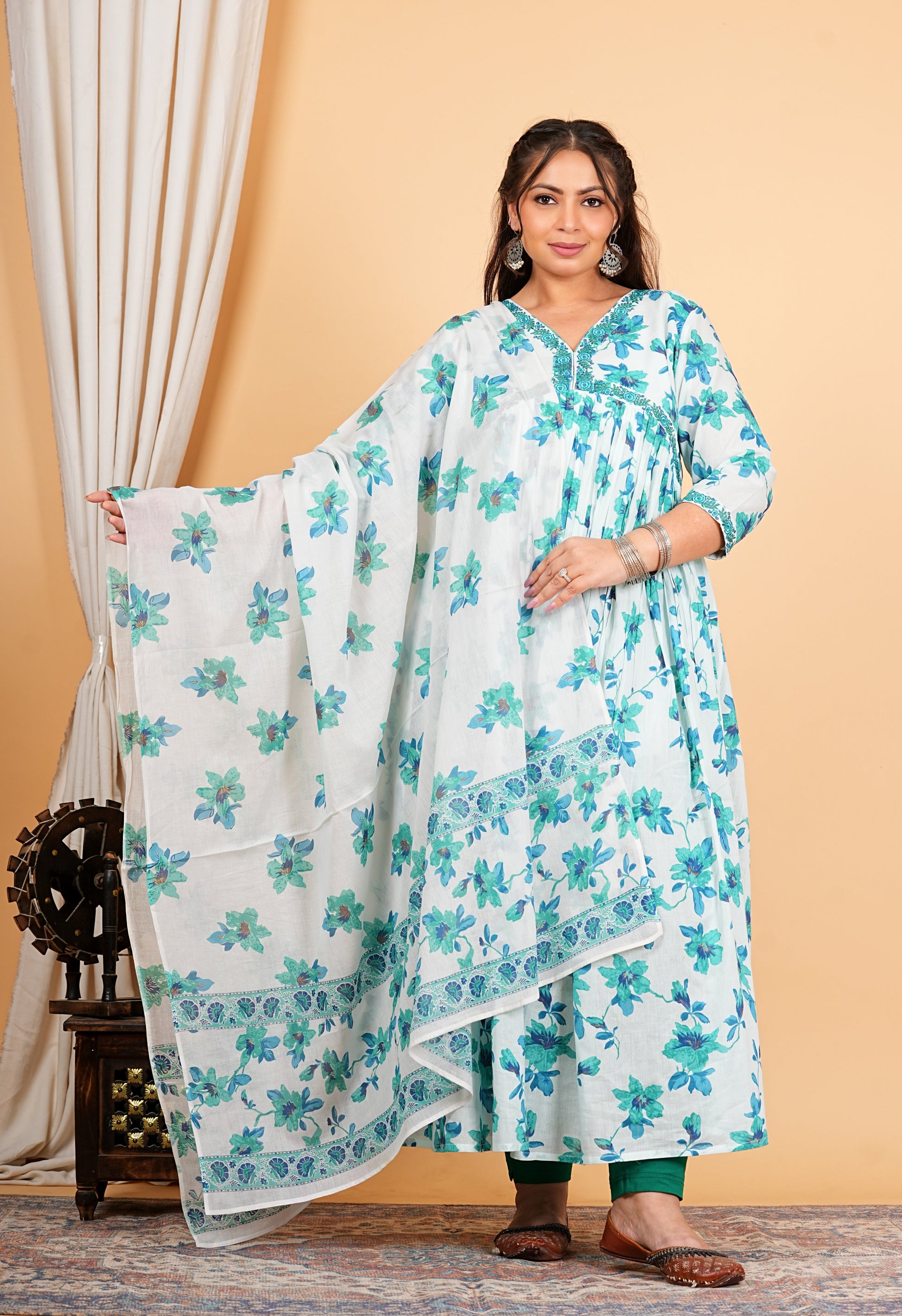 Yash Gallery Women's Cotton Floral Printed 3/4th Sleeve V-neck Embroidered Work Anarkali Kurta With Dupatta
