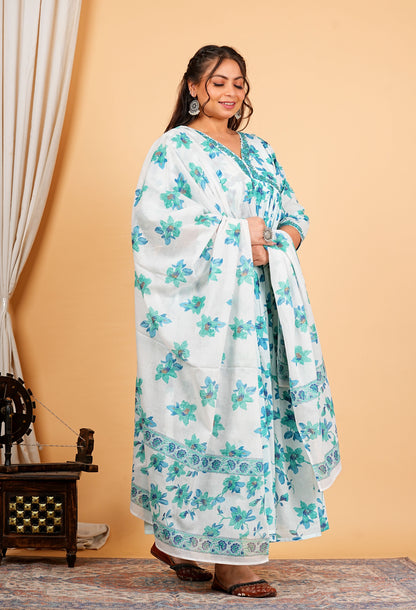 Yash Gallery Women's Cotton Floral Printed 3/4th Sleeve V-neck Embroidered Work Anarkali Kurta With Dupatta