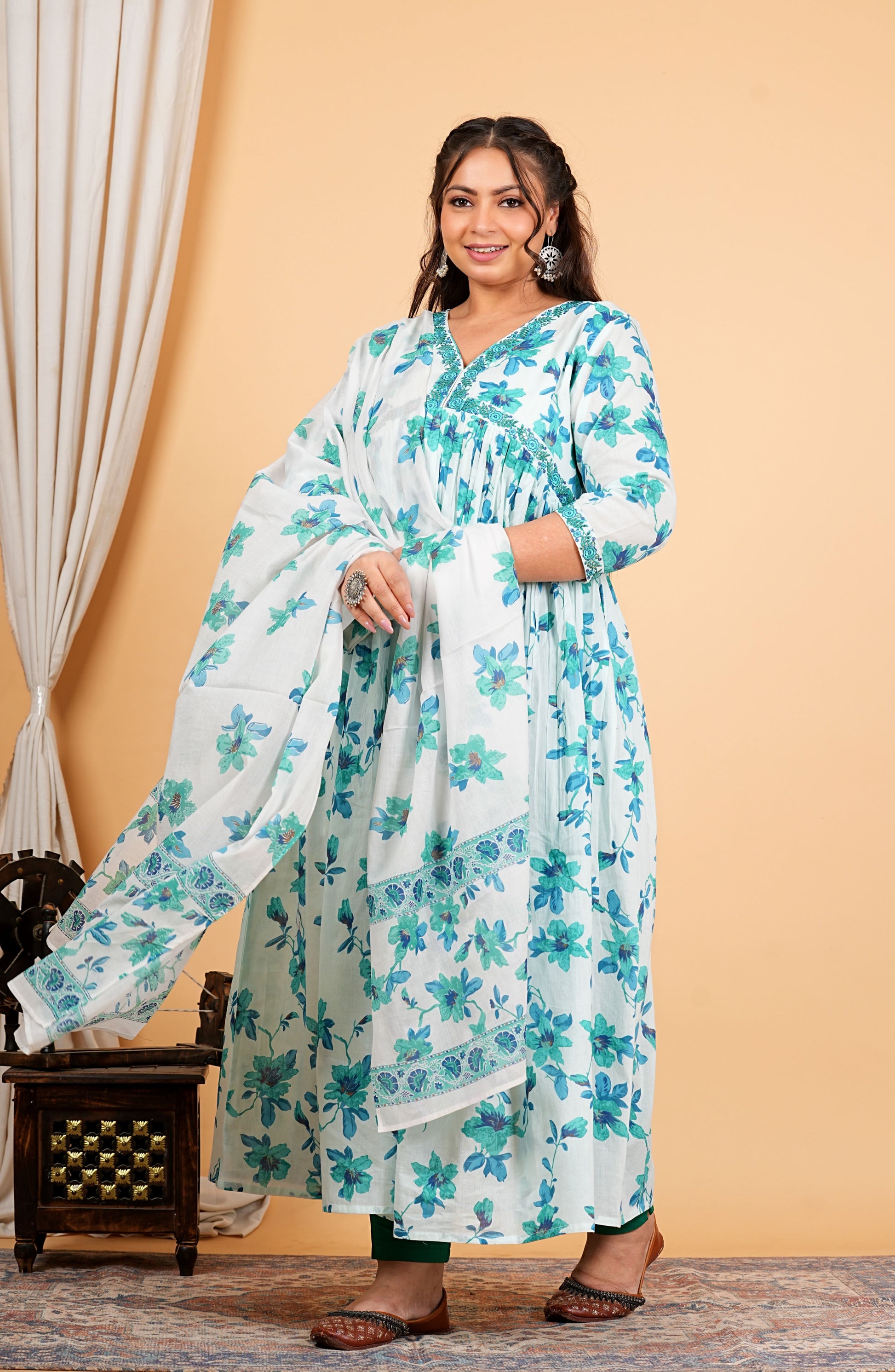 Yash Gallery Women's Cotton Floral Printed 3/4th Sleeve V-neck Embroidered Work Anarkali Kurta With Dupatta
