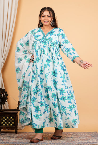 Yash Gallery Women's Cotton Floral Printed 3/4th Sleeve V-neck Embroidered Work Anarkali Kurta With Dupatta