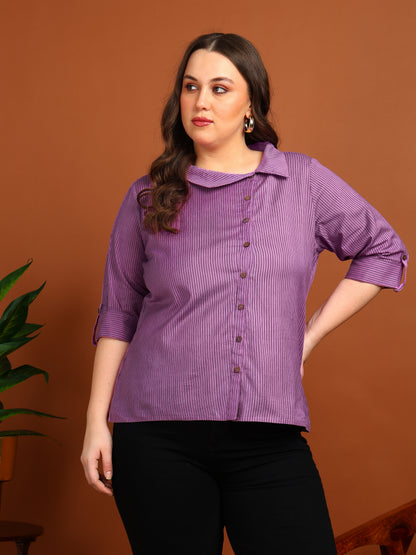 Yash Gallery Women's Cotton Stripe Printed Waist Length Half Sleeve Shirt collar Shirt Plus Size