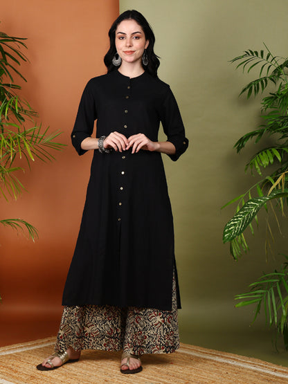 YASH GALLERY Women's Cotton Slub Solid Straight Kurta with Ajarak Printed Palazzo Set Plus Size