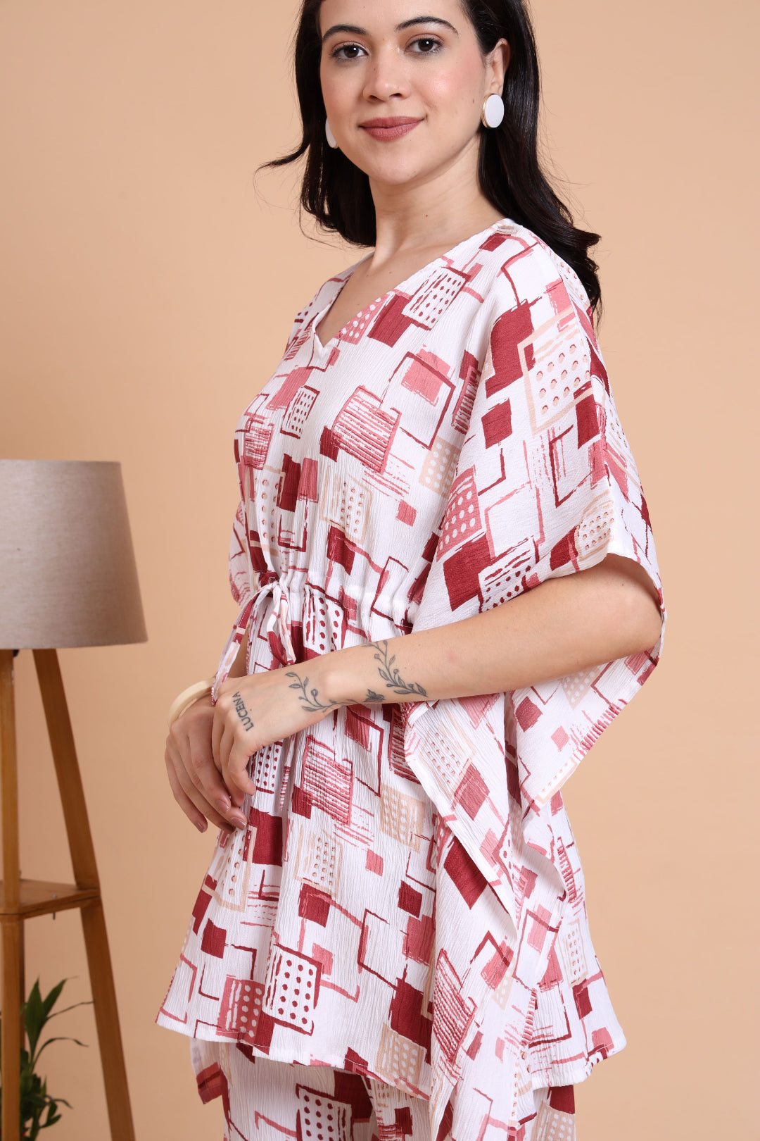 Yash Gallery Women’s Cotton Blend Printed Kaftan Style Top with Drawstring Waist & Straight Pants Night Suit Set (White)