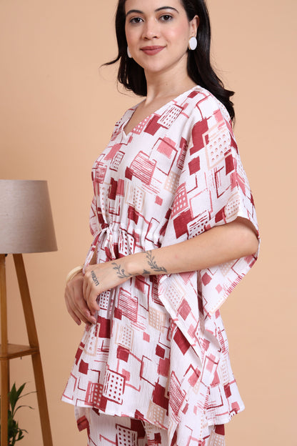 Yash Gallery Women’s Cotton Blend Printed Kaftan Style Top with Drawstring Waist & Straight Pants Night Suit Set (White)