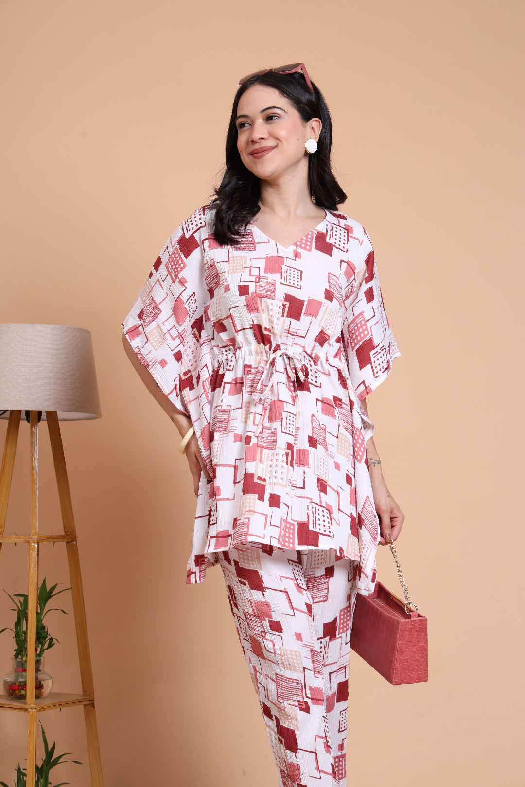 Yash Gallery Women’s Cotton Blend Printed Kaftan Style Top with Drawstring Waist & Straight Pants Night Suit Set (White)