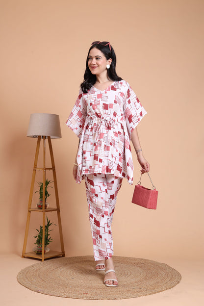 Women’s Cotton Blend Printed Kaftan Style Top with Drawstring Waist & Straight Pants Night Suit Set (White)
